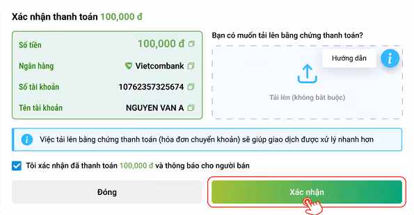 Xác nhận đã thanh toán, thông báo cho người bán